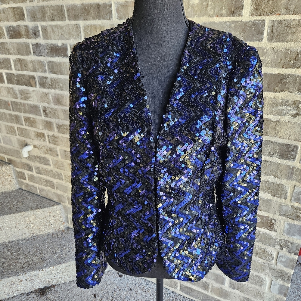 Vintage 1980s Helene Sidel Couture Sequin Blazer Size 12 Blue‎ Black